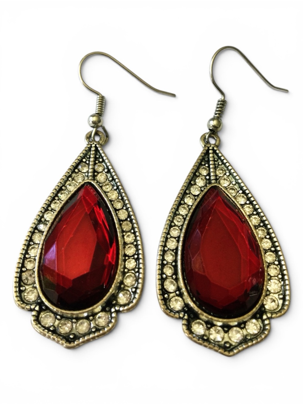 Vintage Early‑2000s Red Glass Teardrop Earrings w/ Rhinestone Halo
